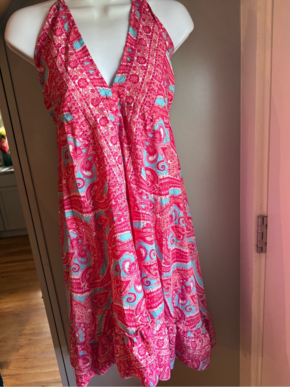 Pink Paisley Halter Midi Dress with Turquoise Accents